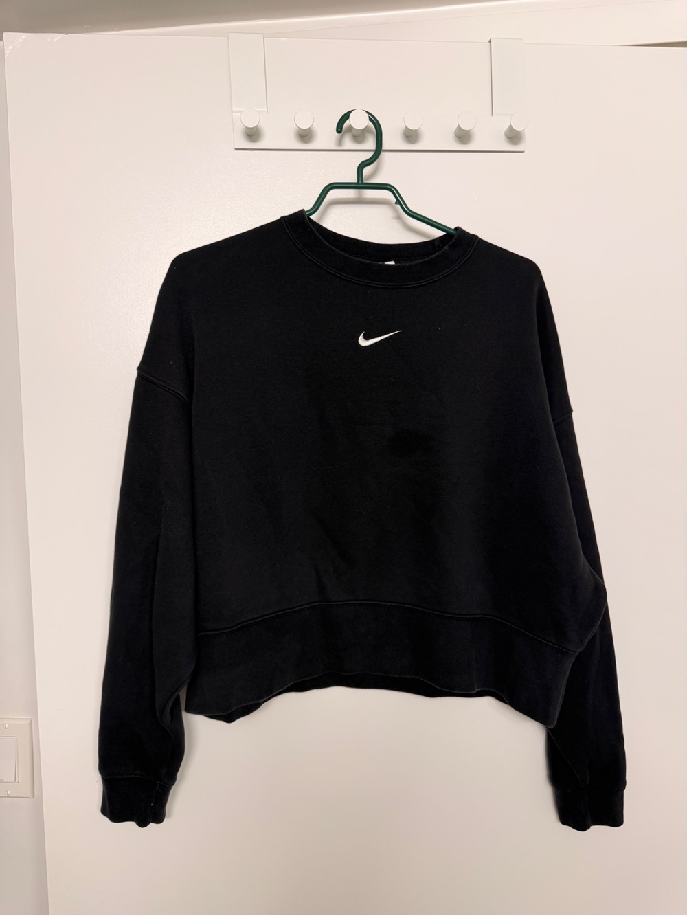 Nike Black Cropped Crew Sweatshirt with White Swoosh